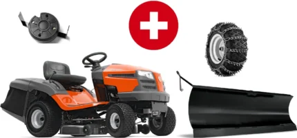 Husqvarna Rasentraktor TC 138L Winterpaket mit Schneeschild, Gummileiste, Gewicht und Schneeketten – Modell 2023